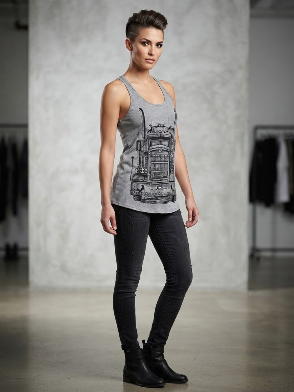 Lauren Moshi Gray Graphic Truck Racerback Tank Top 100% Rayon Jersey Size L